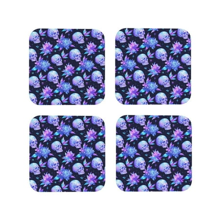 

Junzan flower starry sky Skull Print Coasters for Drinks - Leather Coasters Set of 4 for Coffee Table for Housewarming/Kitchen/Bar/Decor-Square