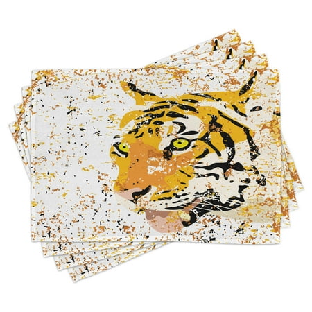 

Animal Placemats Set of 4 Wildlife Theme Vector Illustration of a Tiger Portrait Grunge Style Illustration Print Washable Fabric Place Mats for Dining Room Kitchen Table Decor Orange by Ambesonne
