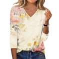 thumbnail image 6 of Xdegoge Blouses for Women Crewneck Three Quarter Sleeve Casual Dressy Workwear Flowy Fit Floral Print Pleated Front Soft Lightweight Spring Summer Tops, 6 of 7