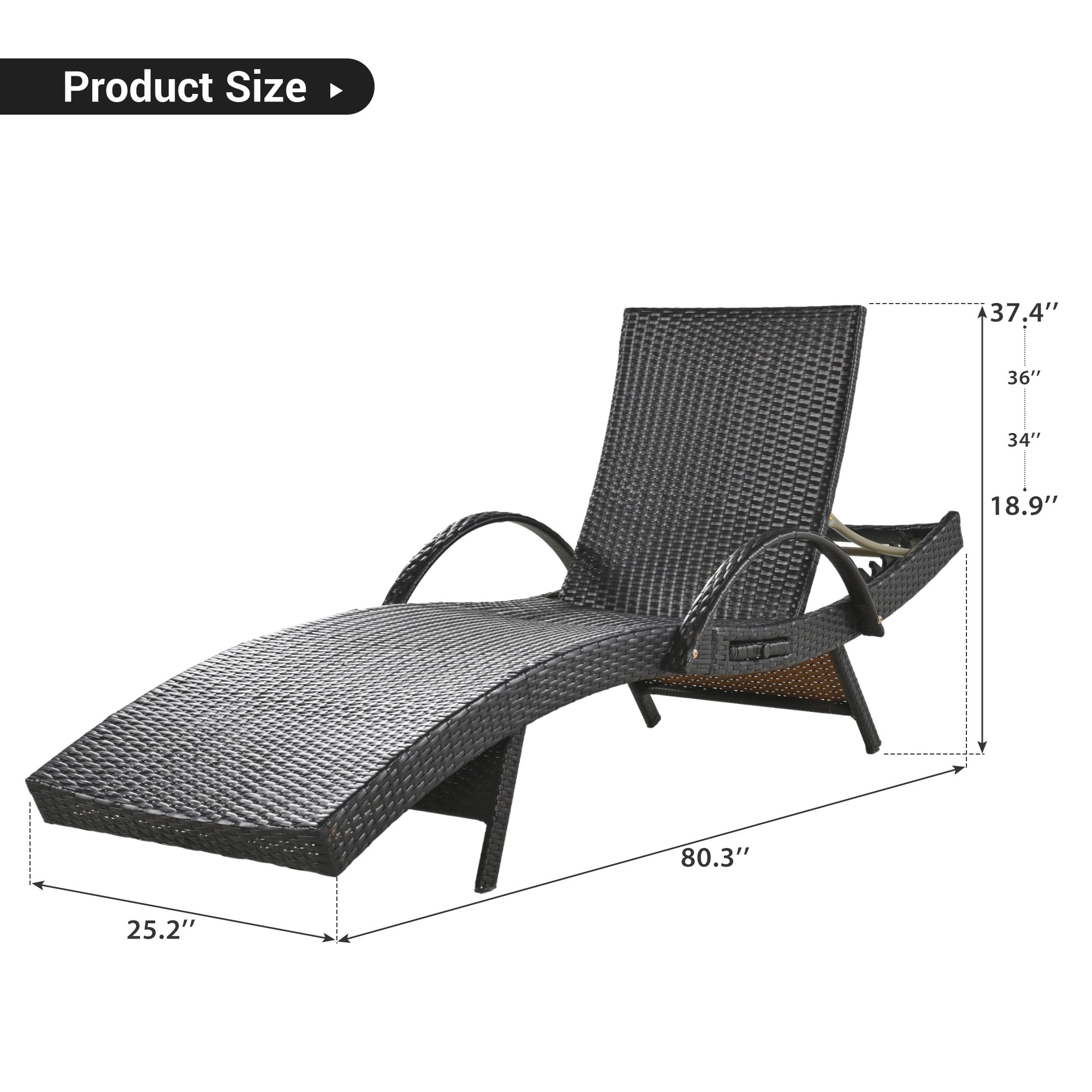 2 Pack Outdoor Wicker Reclining Lounge Chair, 5 Position Adjustable Backrest Pool Side Patio Lounger with Pull Out Side Table, Dark Brown
