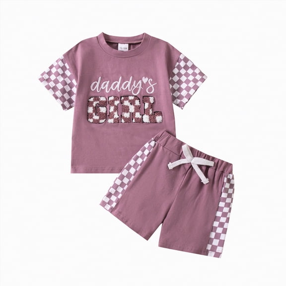 mgoYE Toddler Baby Girl Clothes Summer Outfit Plaid Patchwork Short Sleeve T Shirt Tops and Stretch Casual Shorts Set(Purple,3-6 Months)