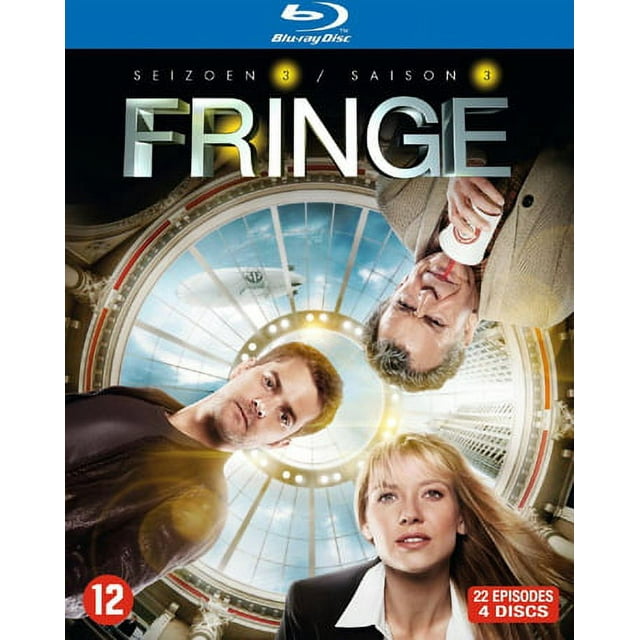 Fringe (Season 3) - 4-Disc Set Blu-Ray imported from Belgium. The cover features a circular architectural design with characters positioned around it. Includes 22 episodes on 4 discs, formatted in widescreen (1.85:1). Audio options include English (DTS 5.1, DTS-HD Master Audio), French (Dolby Digital 2.0), and Spanish (Dolby Digital 2.0), with subtitles in Dutch, French, and Spanish. Special features include alternative footage, commentary, featurettes, interactive menus, and trailers. Compatible with Blu-Ray players in Region A/B/C.