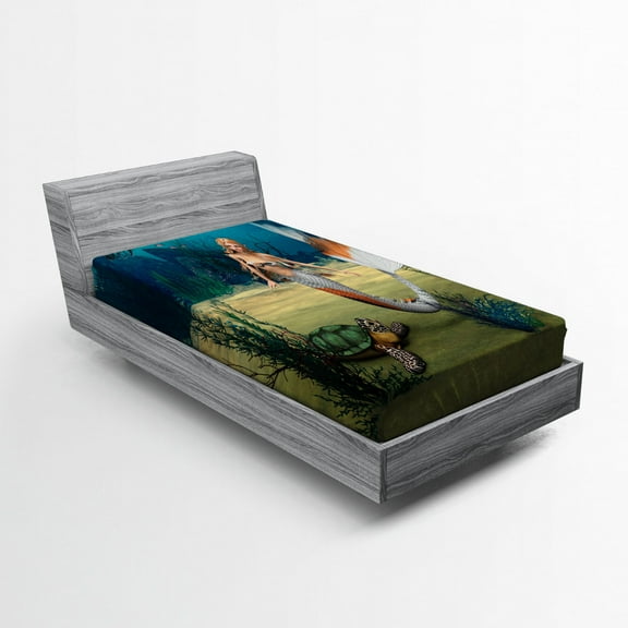 Mermaid Fitted Sheet, Digital Render of Mermaid Turtle Fantasy World in Ocean Under the Sea Art, Soft Decorative Fabric Bedding, Twin Size, Multicolor, by Ambesonne