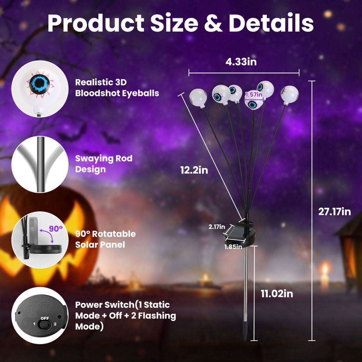 4-Pack Halloween Solar Eyeball Lights - 12 LED Scary Swaying Lights, IP65 Waterproof, 2 Modes for Yard/Garden
