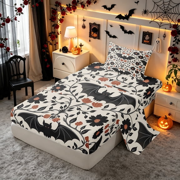 Erosebridal Bat Flower Twin Sheets, Botanical Gothic Bedding, Beige Black, Gray Reversible, 3 Pieces, 1 Flat Sheet, 1 Fitted Sheet and 1 Pillowcase
