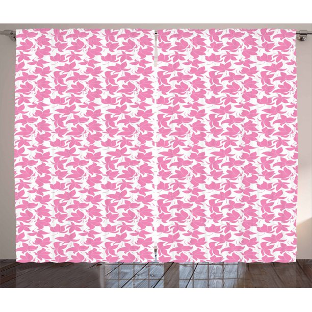 Pink and White Curtains 2 Panels Set, Moire Outline Design Lobbed