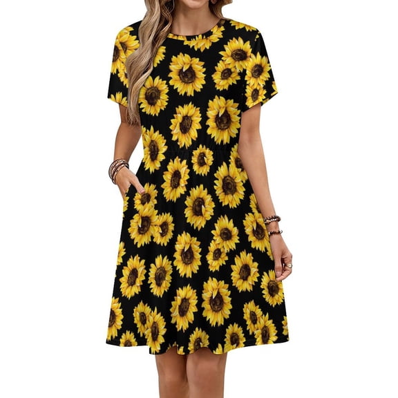 Wild Yellow Sunflowers on Black Background Dress Summer Street Style Dresses Female Short Sleeve Printed Sundress
