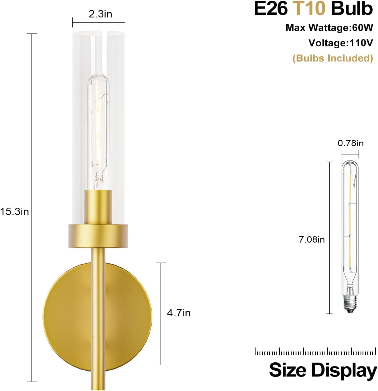 2-Pack Modern Gold Wall Sconces, Hardwired Dimmable Vanity Light Fixture w/ Clear Glass Shade | Indoor E26 Lights for Bathroom, Bedroom & Living Room Accent Decor