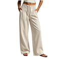thumbnail image 3 of Women's Cotton Blend Straight Leg Pants with Pockets, Mid Elastic Waist, Soft Loose Fit, Casual Business Beach, Cropped Pants | VerBelle,Beige L, 3 of 7