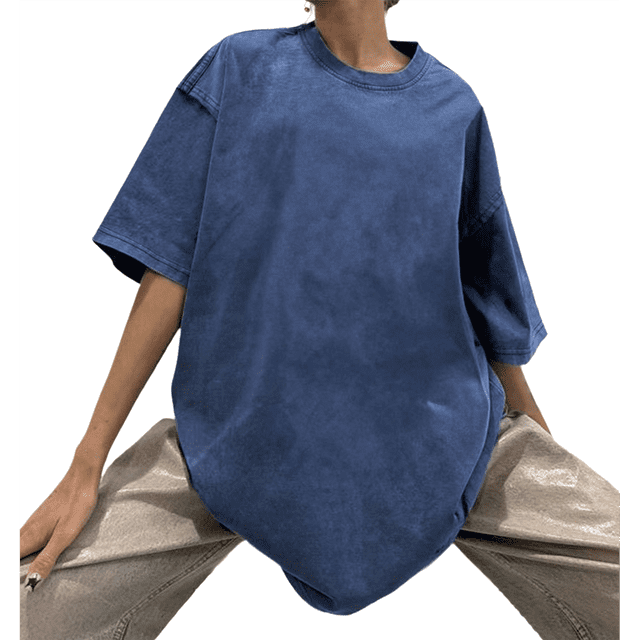 Camisetas Oversize para Mujer, Camisetas Vintage de Algodón, Cuello Redondo, Corta, Túnicas Lavadas de Verano. Azul XXL