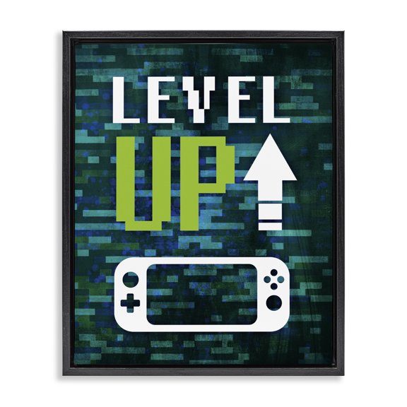 Stupell Industries Cottage Level Up Video Gaming Pixel Text Design Black Floating Frame Canvas Art, 17 x 21, by Victoria Barnes