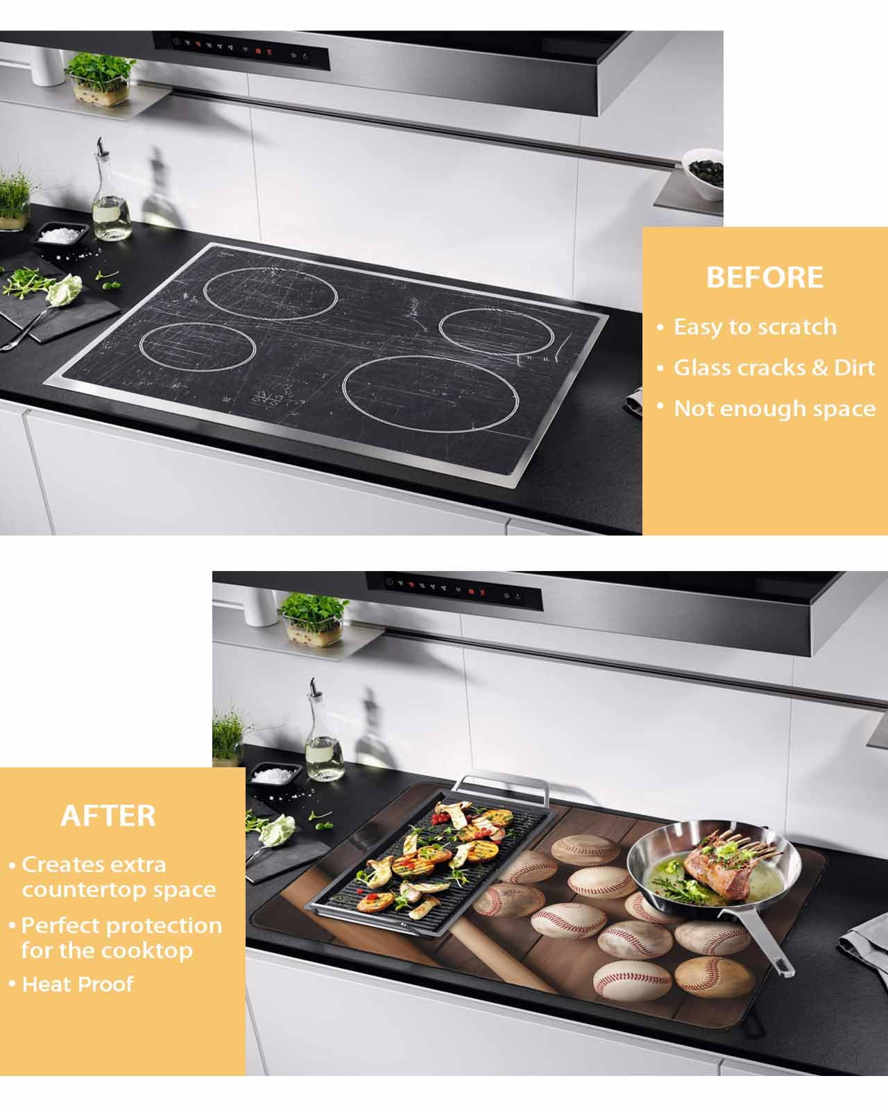 Large Induction Cooktop Protector Mat Baseball Stove Top Covers for Electric Stove, Farmhouse Retro Sport Theme Brown Wooden Grain Decorative Stove Burner Cover Mats, Glass Top Stove Cover