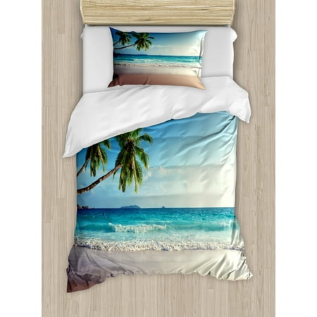 Duvet Covers Blue And Brown Seashore Duvet Cover Set, Splashing Waves on Sandy Beach Coconut Palm Trees Scenic Island View, Decorative Bedding Set with Pillow Shams, Blue Green Pale Brown, by Ambesonne ()
