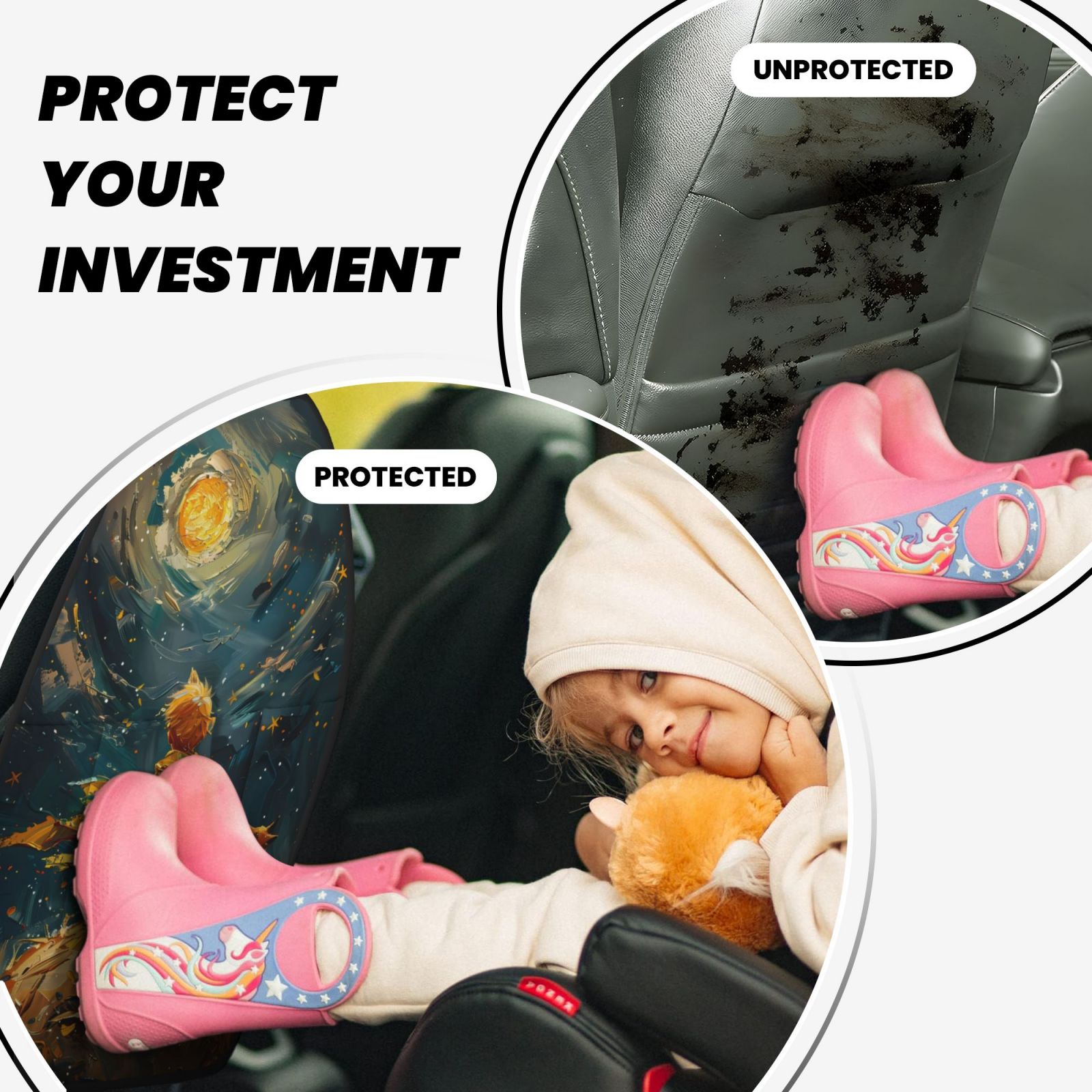 Xecao Whimsical Starry Night Scene Pattern Car Seat Back Protector 2 Pack Large Capacity Pocket, Kick Mats Back Seat Protector