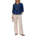 thumbnail image 2 of INSPIRE CHIC Women's Denim Tops Tie Front Puff Sleeve Ruffle Hem Peplum Blouse Jean Shirts S Deep Blue, 2 of 6