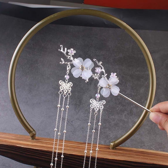 Vintage Bridal Beads Butterfly Pearl Plum Blossom Branch Tassel Hairpin Hair Fork Hanfu Hair Accessories Flower Hair Sticks SILVER