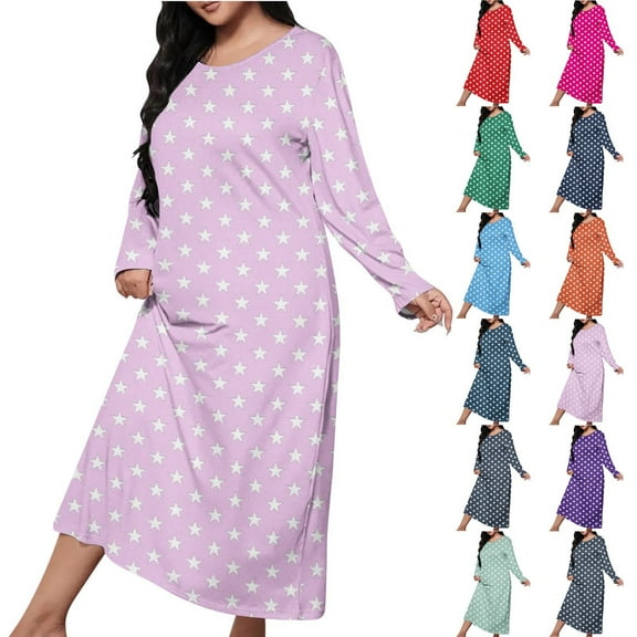 Aboser Women's Soft Cotton Nightgown Long Sleeve Sleepwear Fashion Star Printed Pajama Dress Comfy Full Length Loungewear Loose Casual Crew Neck Sleep Shirts
