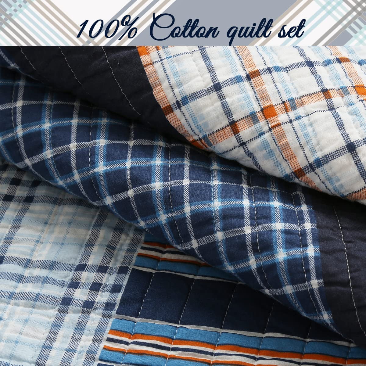 Cozy Line Home Fashions Navy Orange Striped Boy 100% Cotton Reversible Quilt Bedding Set, Twin 2-Piece