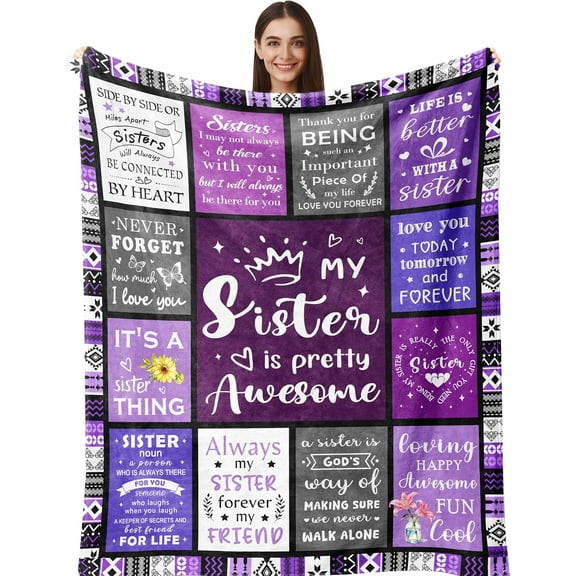 Sister Gifts Blanket 60x50in Purple, Sister Birthday Gift Ideas, Sisters Gift from Sis, Sisters Gifts for Mothers Day Christmas Valentines, Best Sis Ever Presents for Women