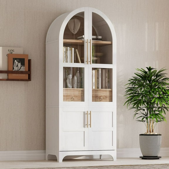 LUMAMIN Arched Pantry Cabinet, 71" Farmhouse Kitchen Pantry Storage Cabinet with Door Shelves, Adjustable Shelves, Hidden Drawer & Glass Door, White