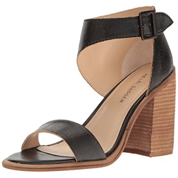 Kelsi Dagger Mayfair Black Leather Open Rounded Toe Ankle Strap Dress Sandals