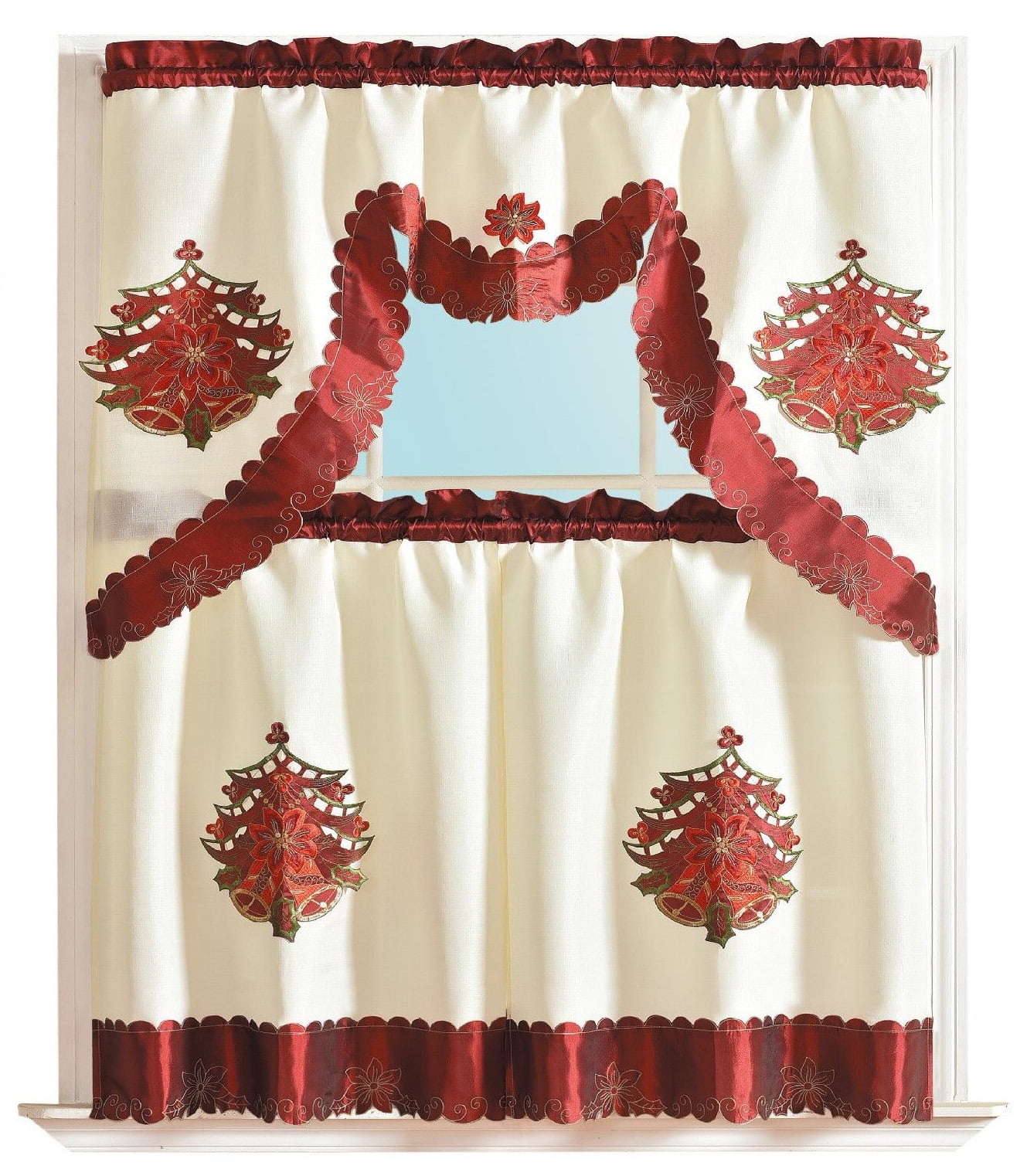 3-Piece Decorative Christmas Design Embroidered candy cane Kitchen Curtain Set 