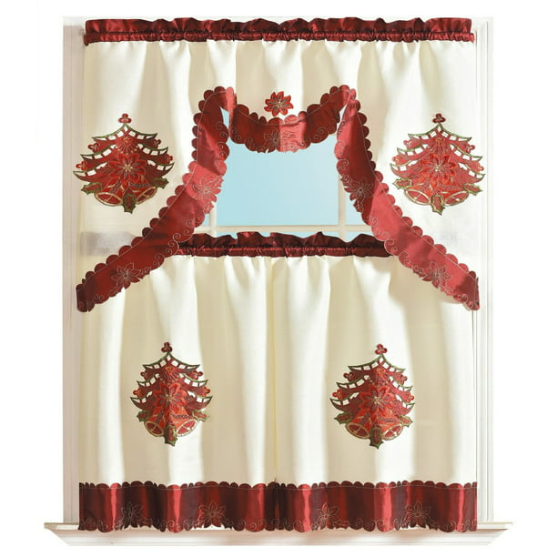 3 Piece Holiday Embroidered Design Bell Custout Kitchen Curtain Set Red Walmart Com Walmart Com