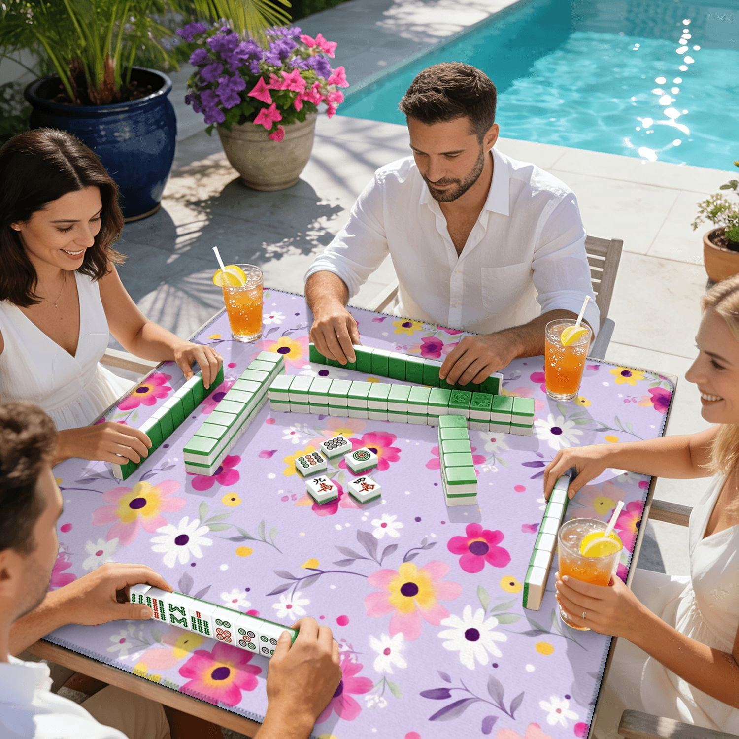 Mahjong Mat 31.5" x 31.5" Seamless Colorful Watercolor Flowers Lavender Non-Slip Noise Reduction American Mahjong Tiles Table Cover for Dominoes Poker Card Board Games Gift