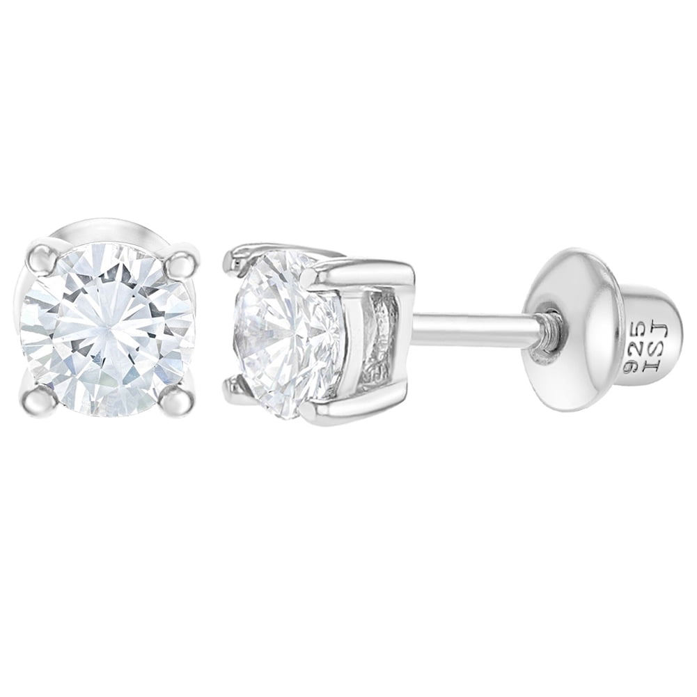 925 Sterling Silver Round CZ Prong Set Screw Back Solitaire Earrings Kids 4mm