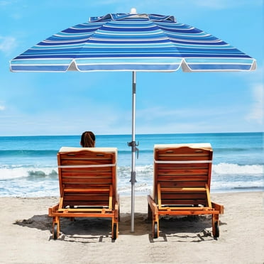 7 FT Beach Umbrellas for Sand, Sun Beach Umbrella with Carry Bag, UV 50 , UPF 100 , Enlarged Sand Anchor, Stripe Blue and White