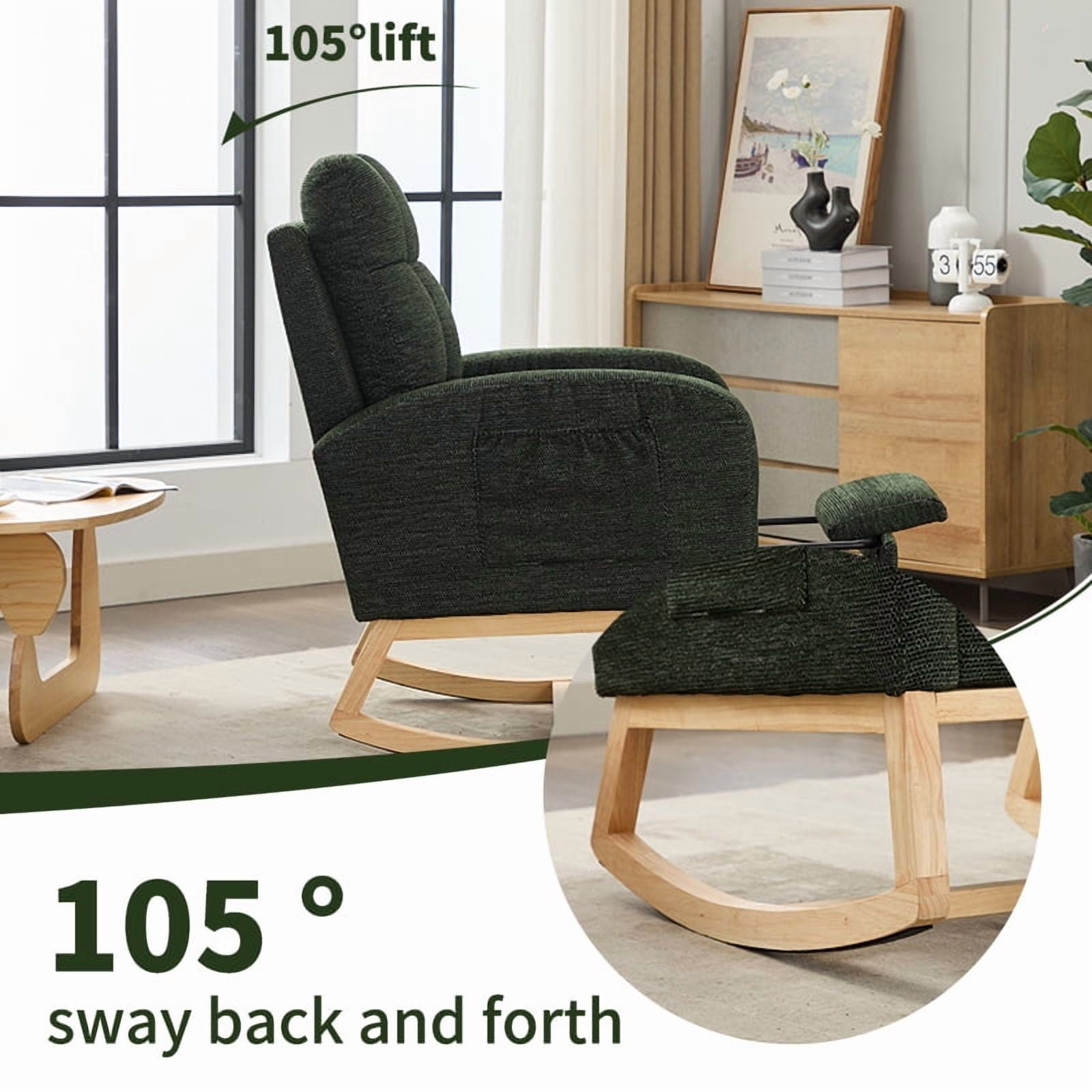 New Modern Accent Rocking Chair Rocking Chair with Solid Wood Legs, adjustable Footrest,Comfy Armchair with Side Pocket, Living Room Lounge Arm Chair with High Backrest