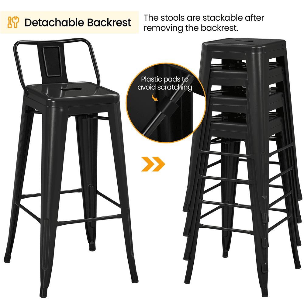 Alden Design 30″ H Metal Counter Height Bar Stools with Low Back for Home, Set of 4, Black