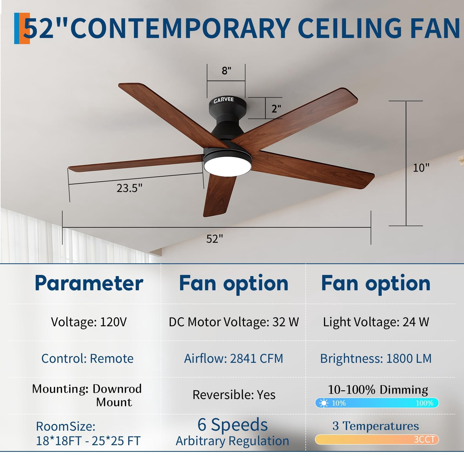 52 Inch Low Profile Ceiling Fan with Light and Remote – Modern Flush Mount DC Motor LED Dimmable 5-Blade Fan for Bedroom Living Room