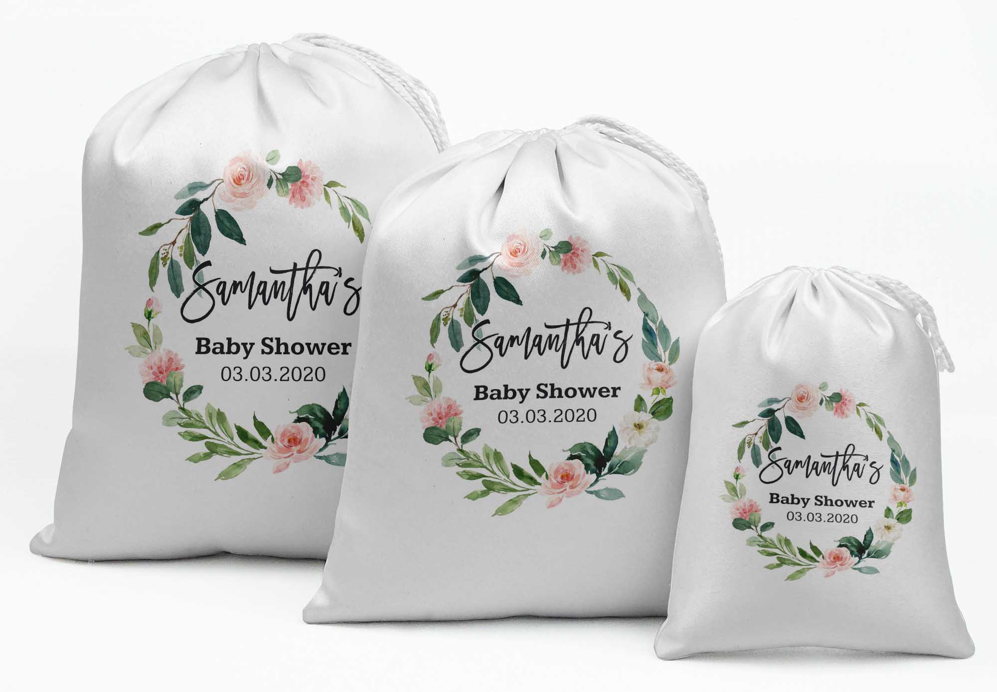 Darling Souvenir White Floral Wreath Baby Shower Custom Party SuppliesÂ&nbsp;Drawstring PouchesÂ&nbsp;Favor Bags 15 Pieces