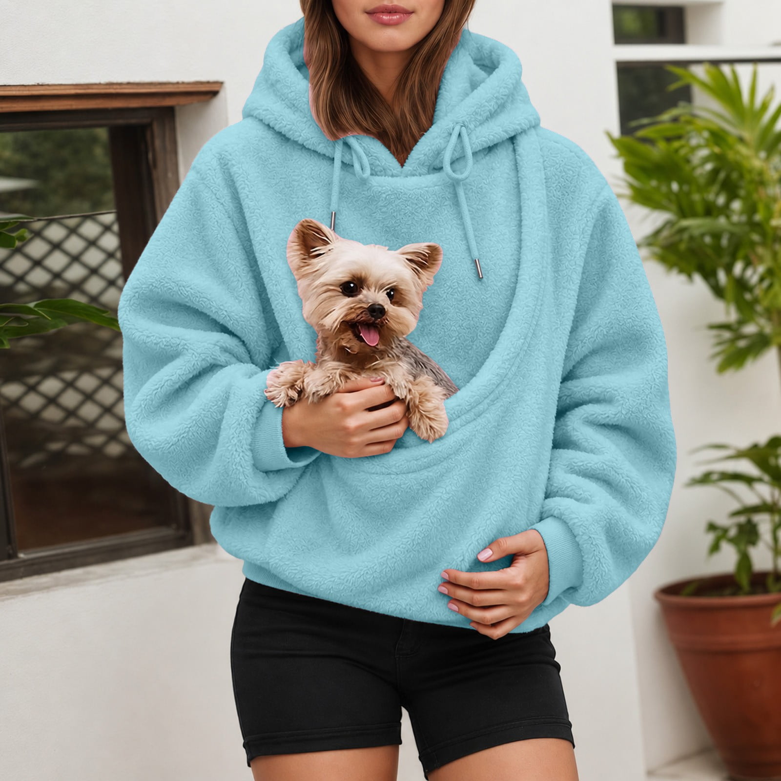 Womens Oversized Cat Pouch Hoodie Long Sleeve Pet Carrier Sweatshirts Sling Pocket Animal Holder Pullover Top Sky Blue L