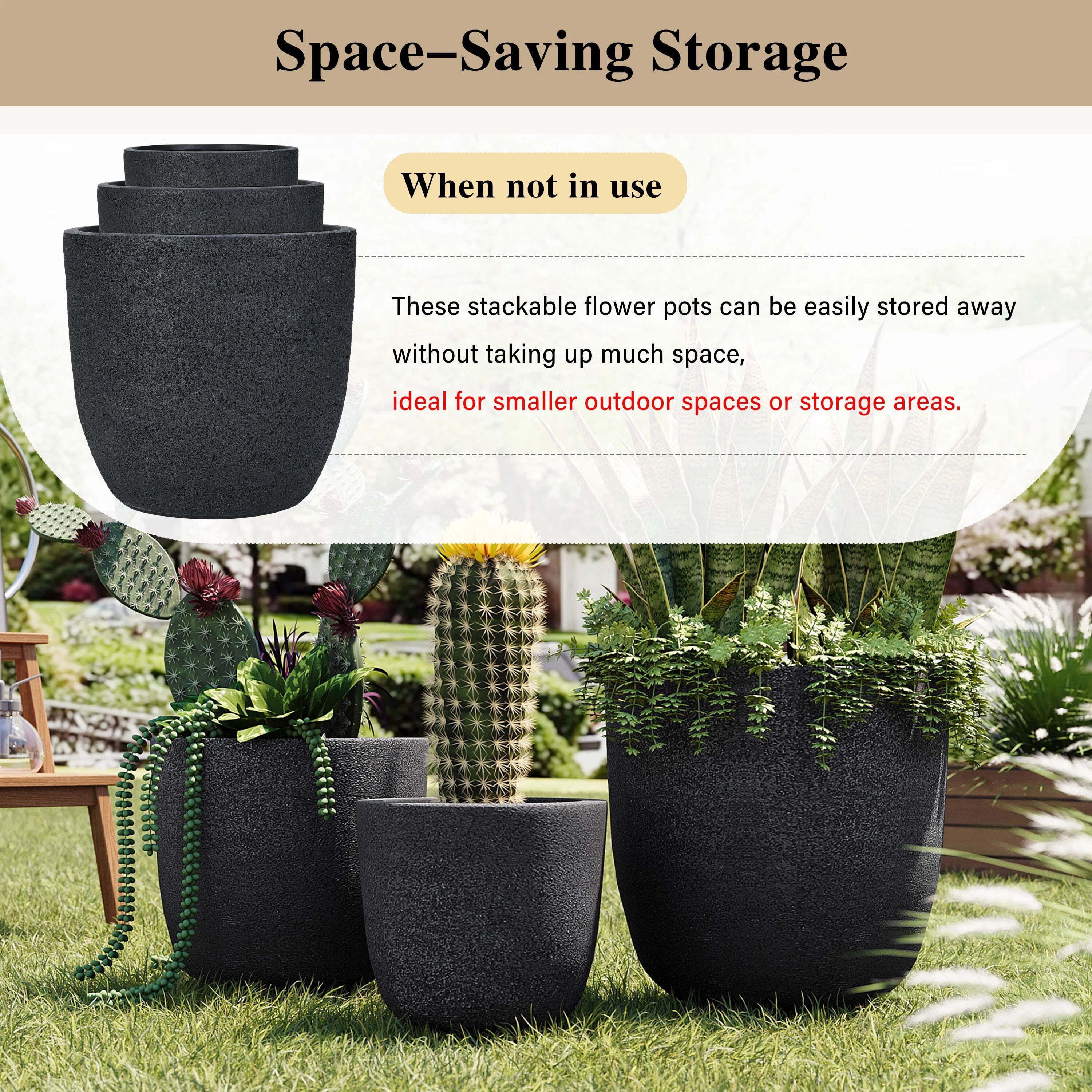 Euroco Lightweight Flower Pot Set of 3, 16.93"+13.98"+11.22" Dia Round Concrete Stackable Planter with Drainage Holes and Rubber Plug,Modern Decorative Pots for Indoor Outdoor,Patio Garden Balcony