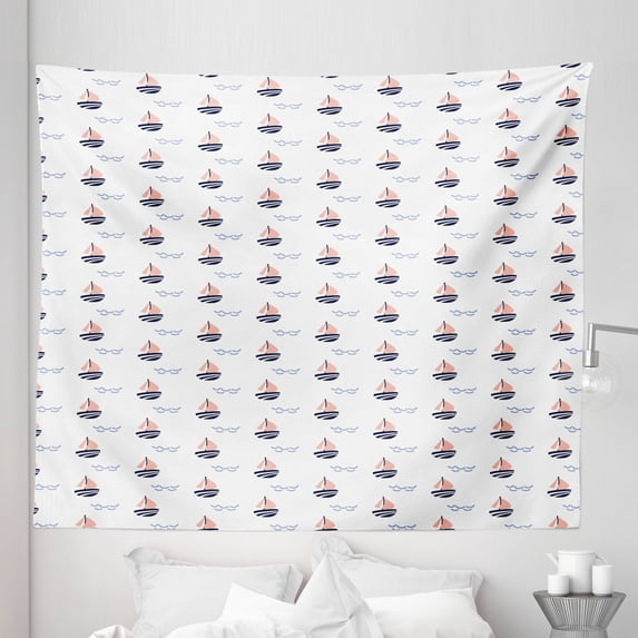 Sailboat Tapestry, Scandinavian Style Boat Illustration and Hand Drawn Waves, Fabric Wall Hanging Decor for Bedroom Living Room Dorm, 5 Sizes, Night Blue Pale Peach, by Ambesonne