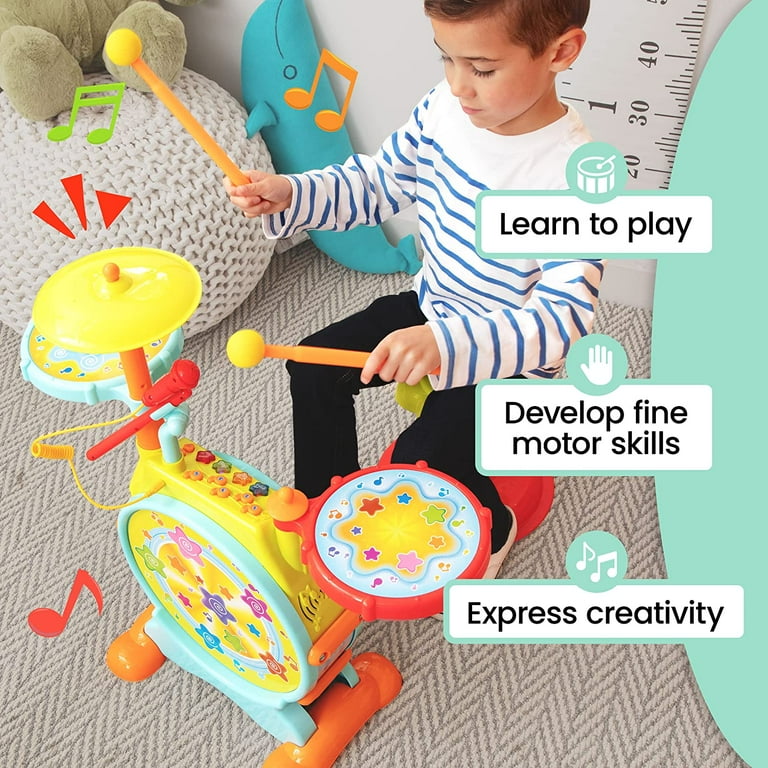 Prextex Kids Drum Set with Working Microphone Lights Adjustable
