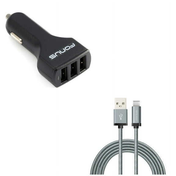 3-Port USB 36W Car Charger w Charger Cord Type-C 6ft USB Cable R4Y for Acer Liquid Jade Primo - Alcatel PulseMix, 7, Idol 5S 5 4S - ASUS Zenfone V Live, ROG Phone, AR 6 5z 4 Pro