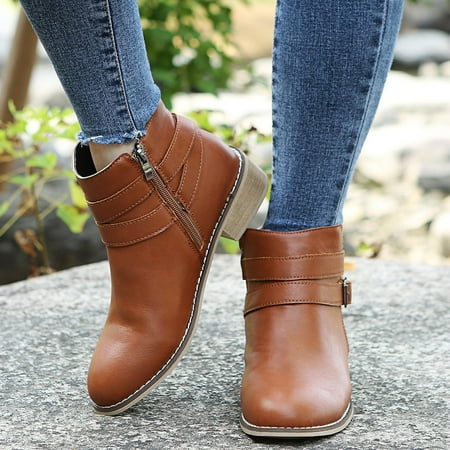 

Women Boots Winter Buckle Strap Chunky Heels Slip On Retro Ladies Footwear Shoes