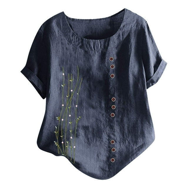 Femmes T-Shirt Tunique à Manches Courtes Décontracté à Col Rond Imprimé Ample à Boutons Blouse Hauts