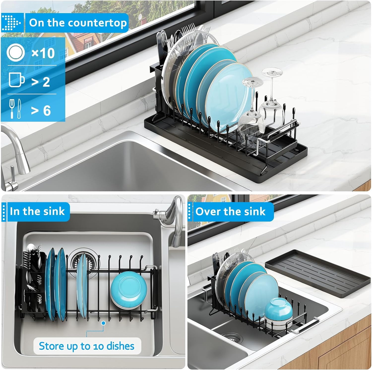 HBlife Expandable Sink Dish Drying Rack, Small Dish Rack Over Sink with Silicone Drying Tray, Sink Dish Drainer for Kitchen Counter with Cutlery Holder