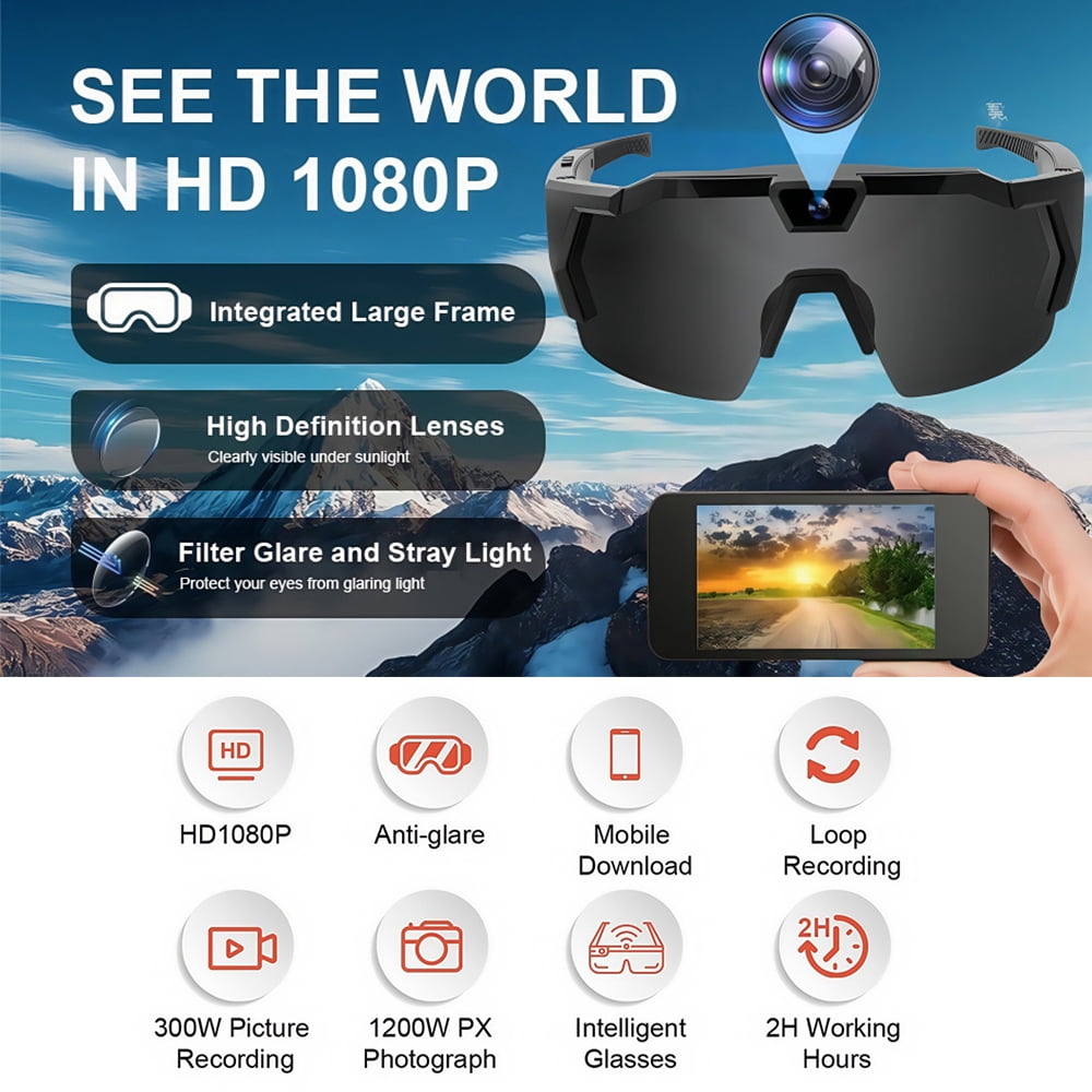 4K HD Camera Glasses, 64GB Card Included, Smart Action Video Glasses for Cycling, Hiking, Sports with Anti-Glare Lens & Long Battery