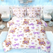 Manfei Funny Doll Bear Bedding Comforter Set 7pcs for Child, Cartoon Purple Bowknot King Bedding Sets, Stars Love Heart Reversible Bed Sheets, Lightweight Room Decor