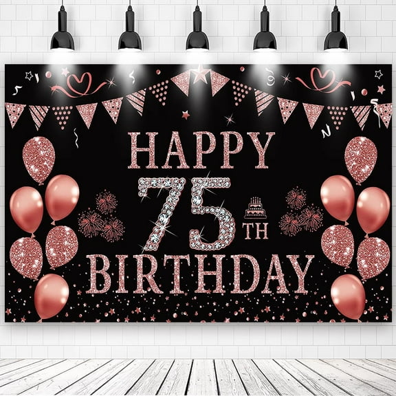 75th Happy Birthday Rose Gold Theme Backdrops Banner Birthday Party Decor Supplies,5.9x3.6ft