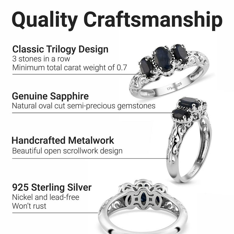 Sterling Silver 3 Stone Oval Genuine Blue Sapphire & Diamond Ring Sterling Silver 3 Stone Oval Genuine Blue Sapphire & Diamond Ring