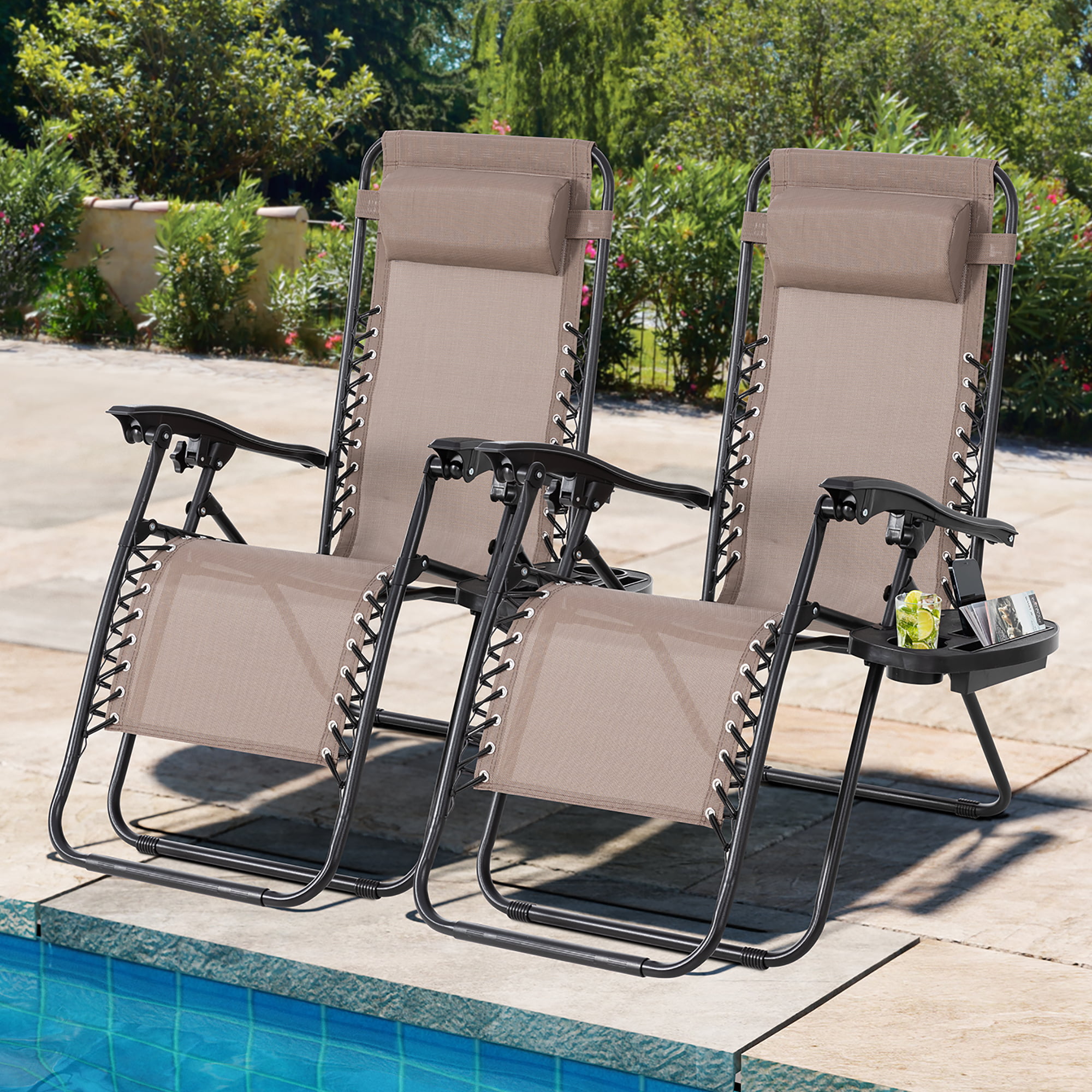 Brown Pool 2 Pcs Reclining Chair Folding Lounge Chair Recliners Zero Gravity Chair with Cup Holder Table for Patio