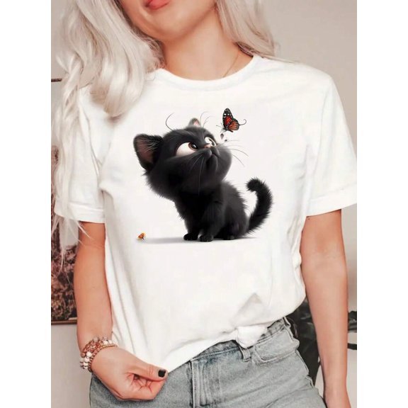 【New Arrival】Cute Fluffy Black Kitten Butterfly Graphic T-Shirt, Cotton Crew Neck Short Sleeve Tee, Soft Animal Casual Wear Novelty Gift For Cat Lovers Women