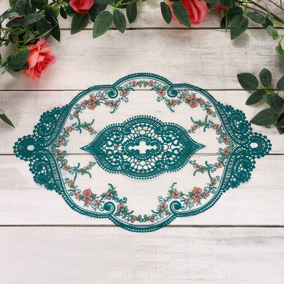 3 Pcs Lace Placemats, 17.3x6.8Inches Vintage Table Doilies Oval Embroidered Crochet Lace Dolly Cup Mat for Table Vase Home Decor, Peacock green