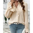thumbnail image 4 of WTXUE Button Down Shirts for Women Long Sleeve Shirts Womens Plaid Blouse Ruffle Neck Button Down Plaid Puff Long Sleeve Gingham Blouse Shirts Tunic Tops Loose Fitting Tops Women Blouses Beige S, 4 of 8